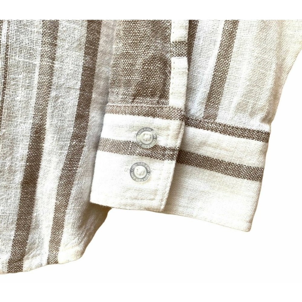 Calvin Klein Stripe Linen Blouse Shirt White Tan - Picture 7 of 8